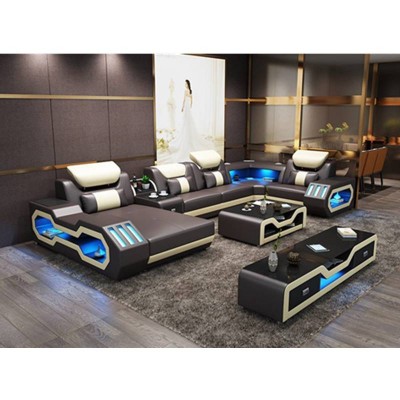 Modern Living Room Furniture Leather Sofa Set With Led