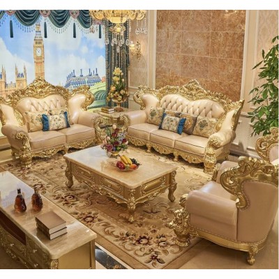 European Style Living Room Genuine Leather Sofa Sets Classical Design Antique Furniture