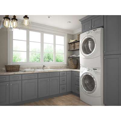 Custom grey shaker bathroom laundry room sink cabinet with washing machine